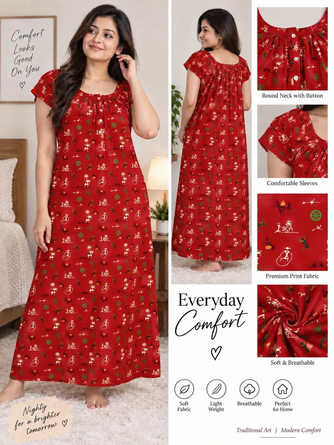 Women’s Printed Cotton Nighty – Comfortable Round Neck Night Dress — photo 2