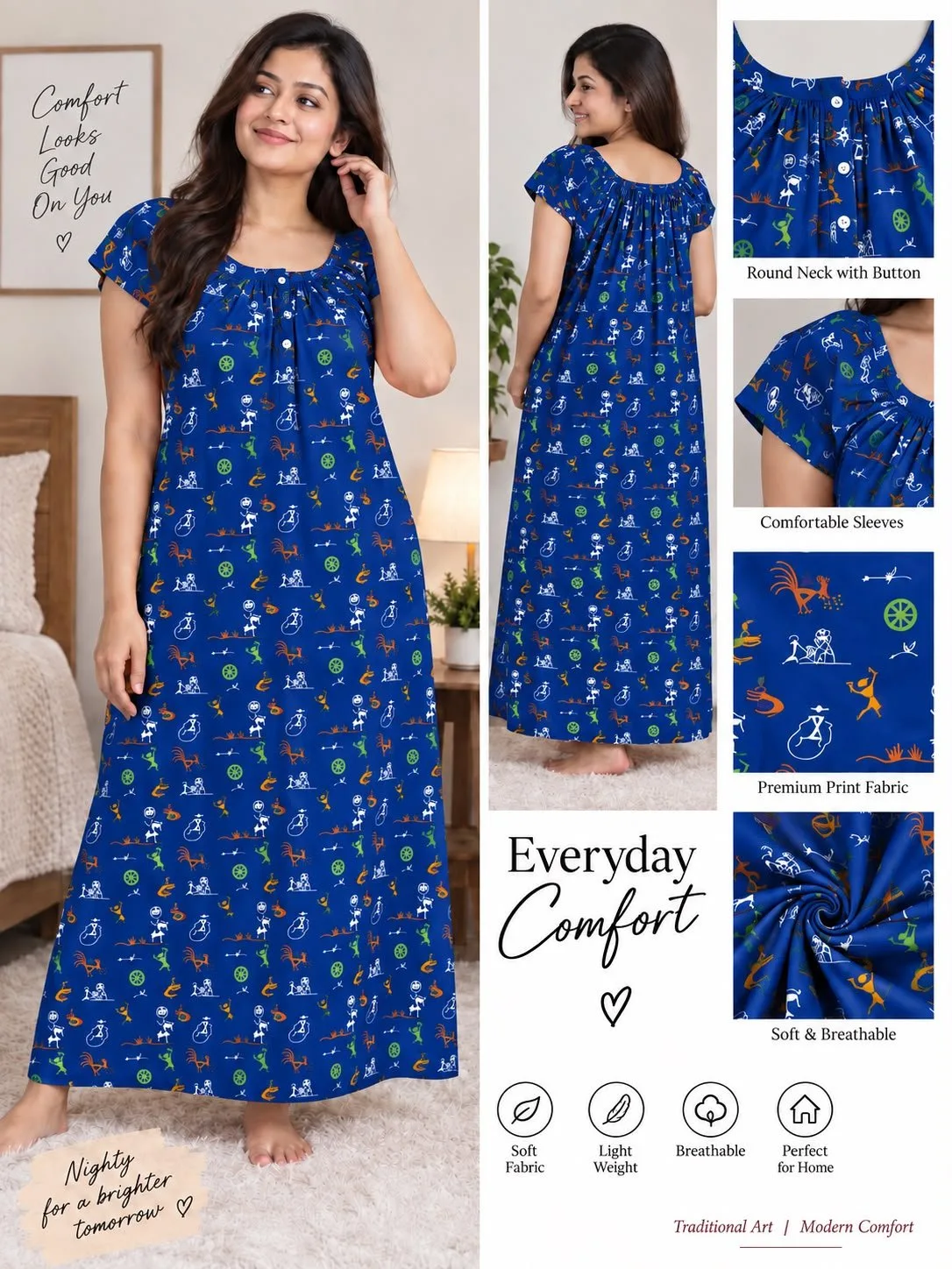 Women’s Printed Cotton Nighty – Comfortable Round Neck Night Dress — photo 3