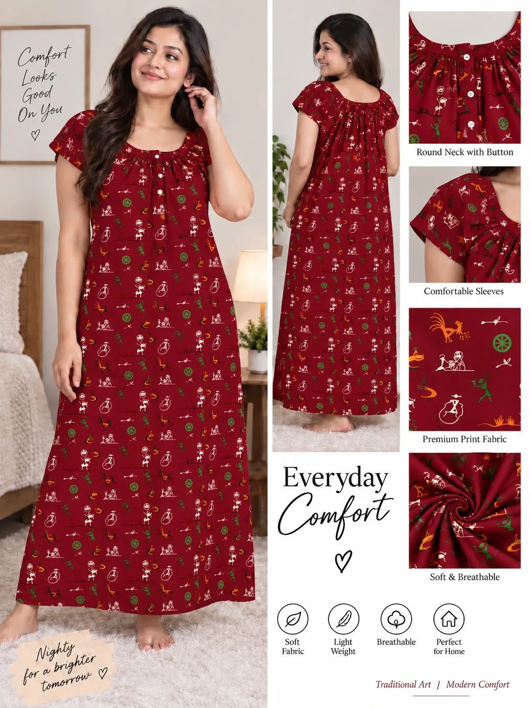 Women’s Printed Cotton Nighty – Comfortable Round Neck Night Dress — photo 4