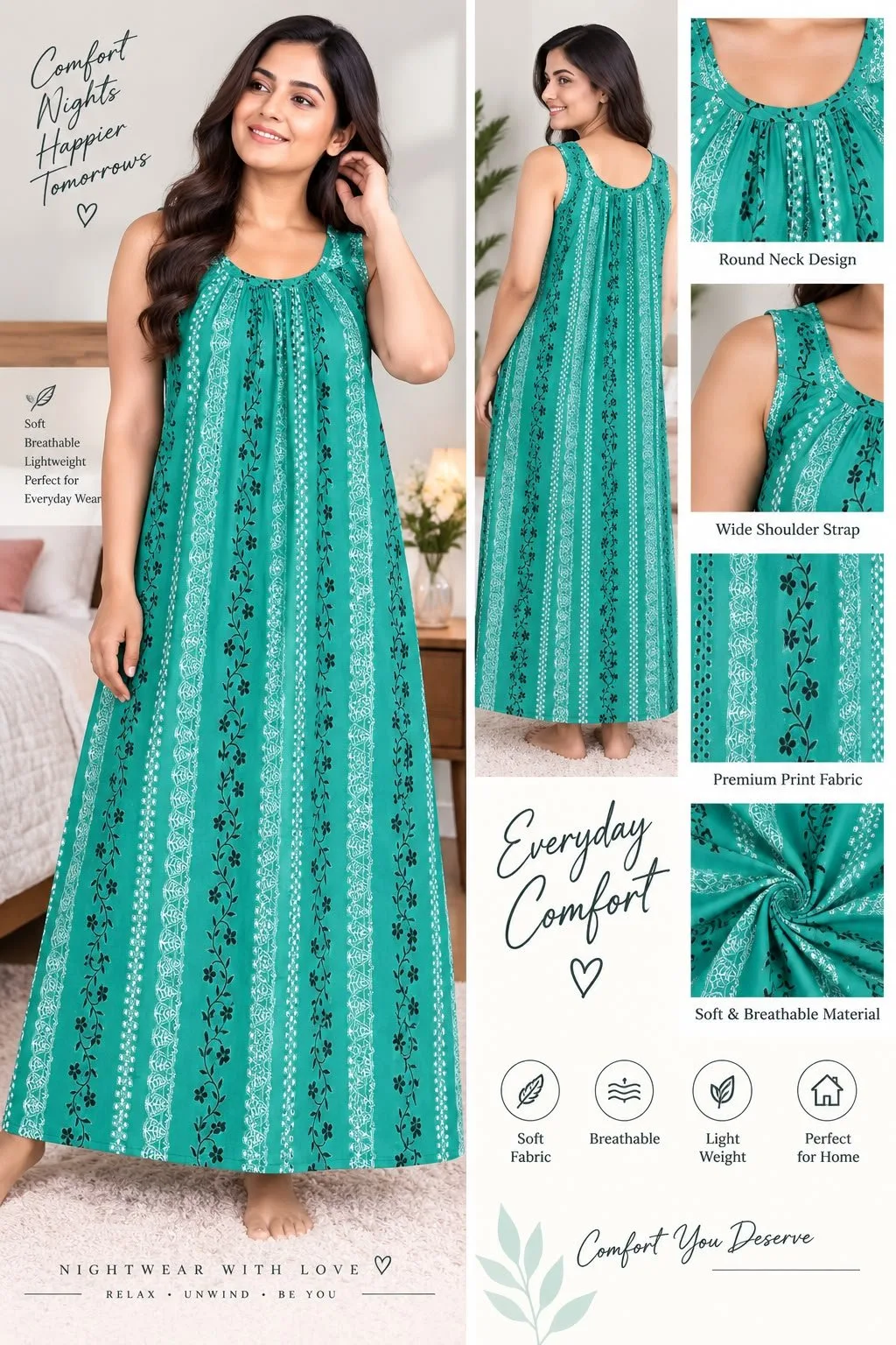 Women’s Printed Cotton Nighty – Comfortable Round Neck Night Dress — photo 2