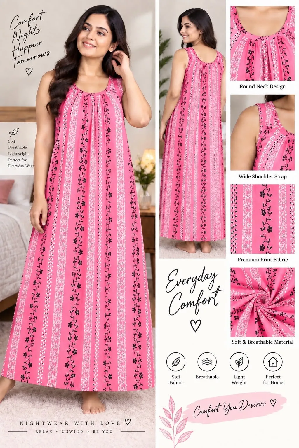 Women’s Printed Cotton Nighty – Comfortable Round Neck Night Dress — photo 4