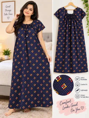 Women’s Printed Cotton-Blend Nighty – Comfortable Front Button Nightdress