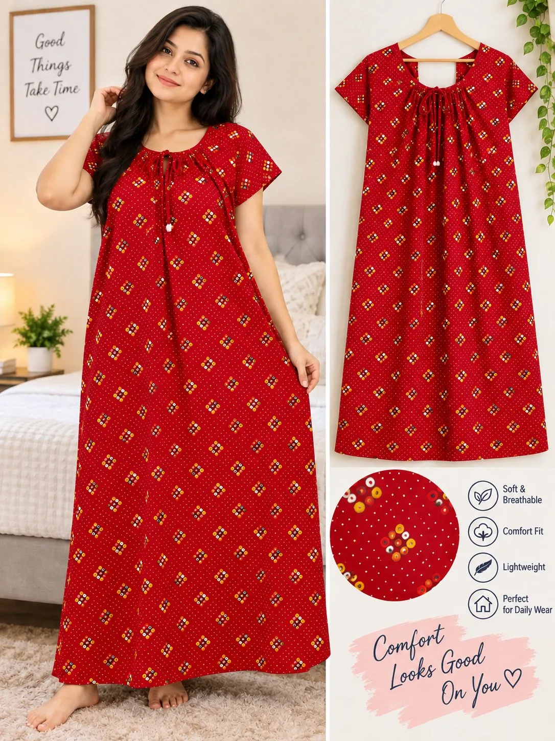 Women’s Printed Cotton-Blend Nighty – Comfortable Front Button Nightdress — photo 2