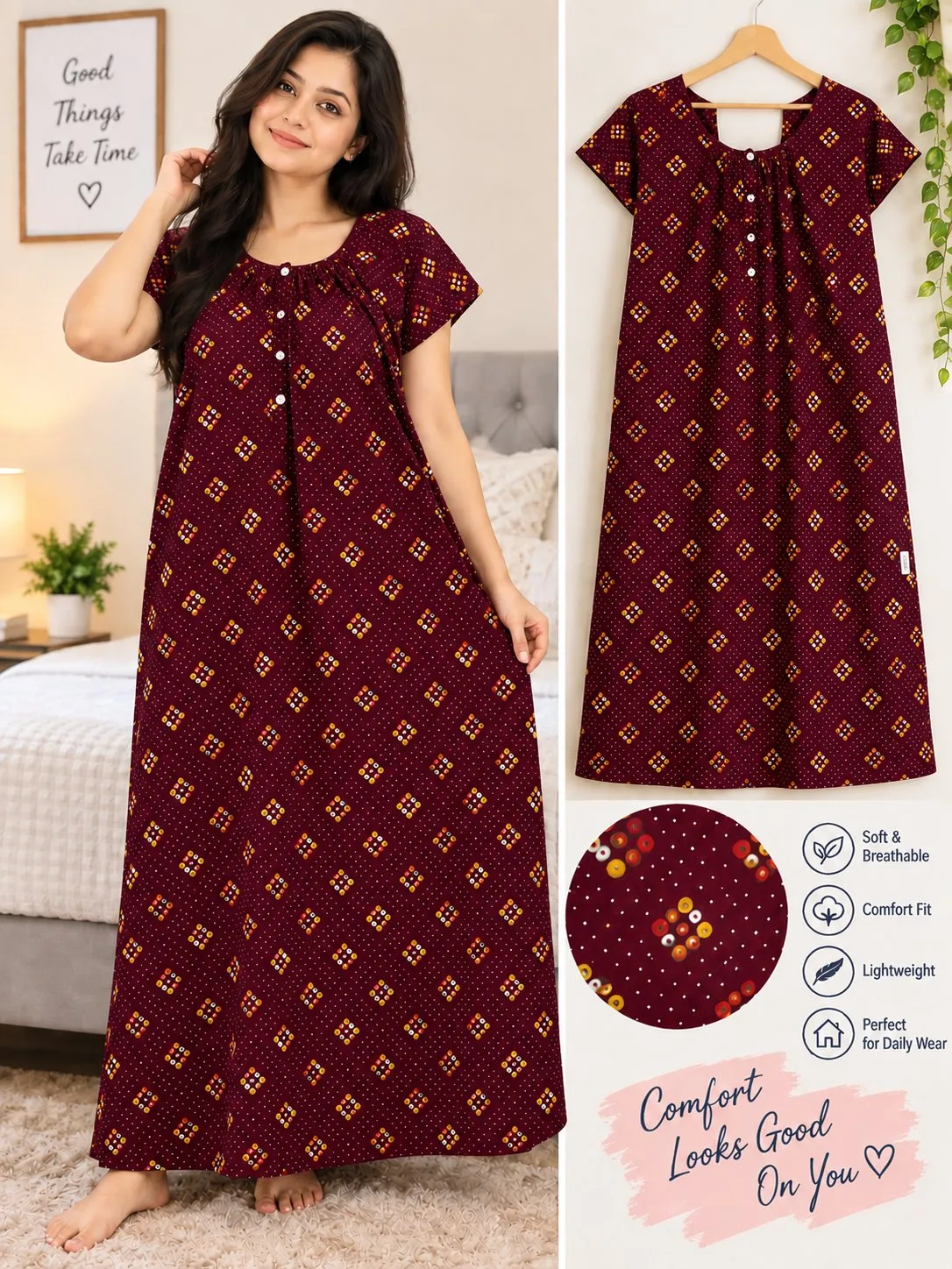 Women’s Printed Cotton-Blend Nighty – Comfortable Front Button Nightdress — photo 3