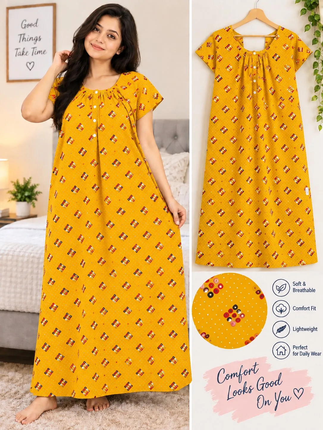 Women’s Printed Cotton-Blend Nighty – Comfortable Front Button Nightdress — photo 4