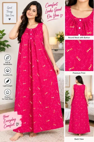 Women’s Sleeveless Printed Nighty – Navy Blue Front Button Nightdress