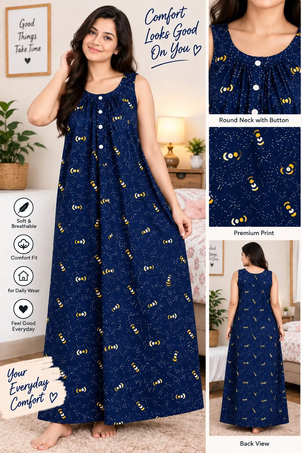 Women’s Sleeveless Printed Nighty – Navy Blue Front Button Nightdress — photo 2