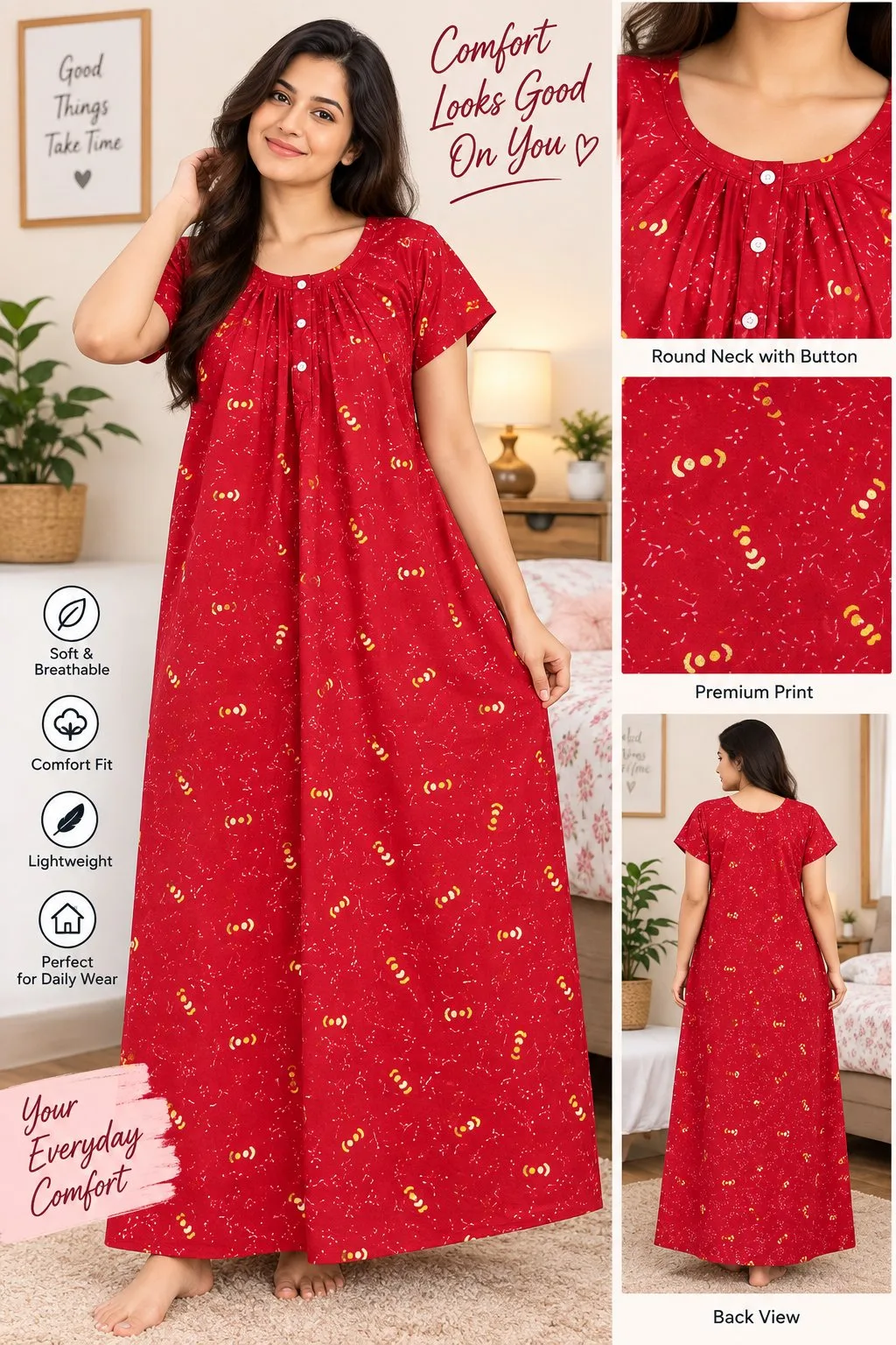 Women’s Sleeveless Printed Nighty – Navy Blue Front Button Nightdress — photo 3