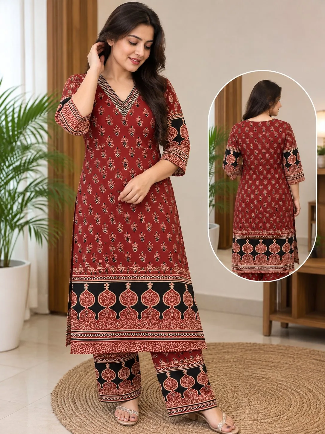 Maroon Printed Kurti Pant Set for Women | 3/4 Sleeve Ethnic Wear — photo 2