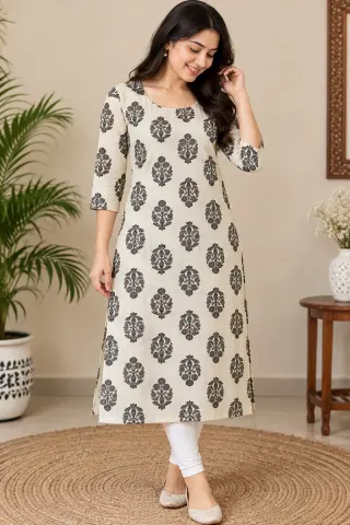 🌸 Women’s Floral Printed Straight Kurti – 3/4 Sleeve