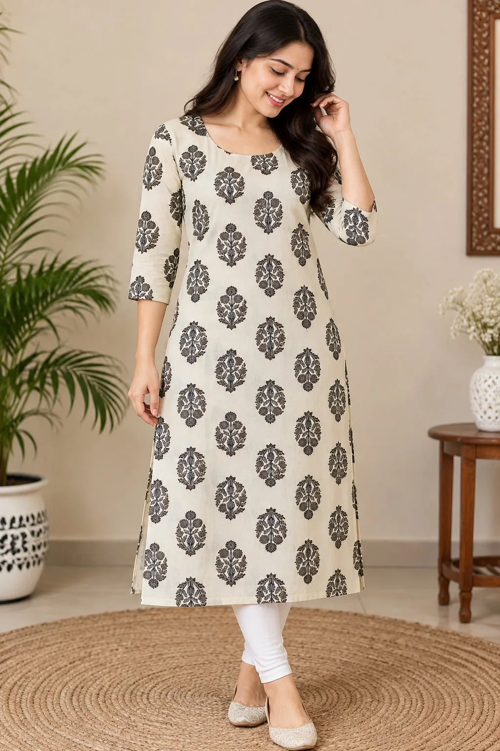🌸 Women’s Floral Printed Straight Kurti – 3/4 Sleeve — photo 1