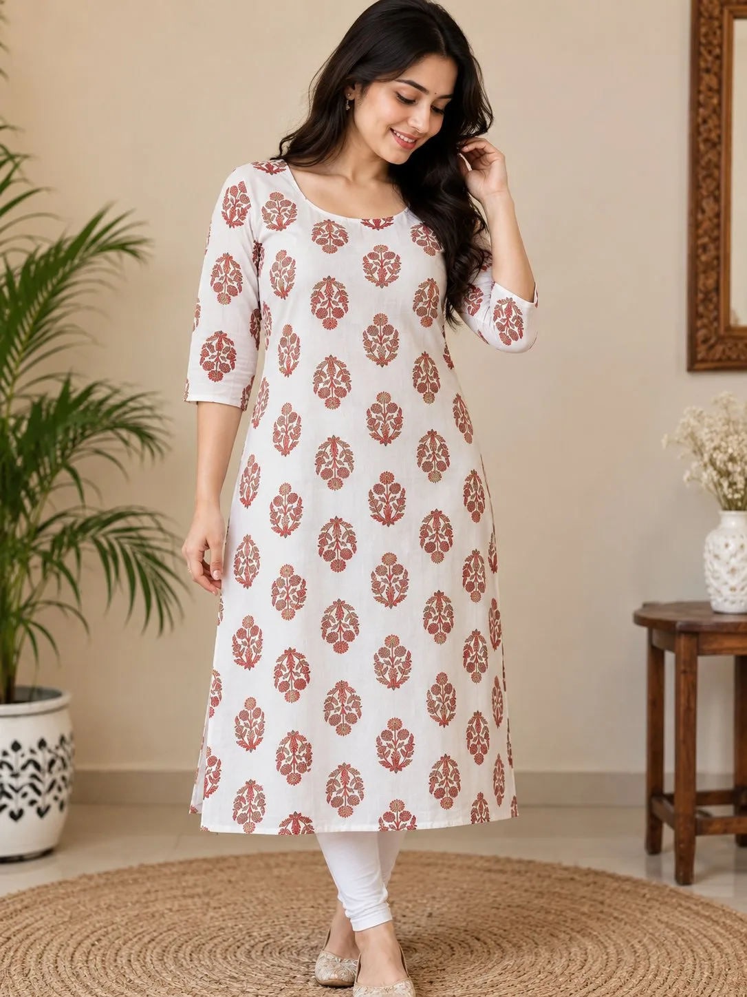 🌸 Women’s Floral Printed Straight Kurti – 3/4 Sleeve — photo 2