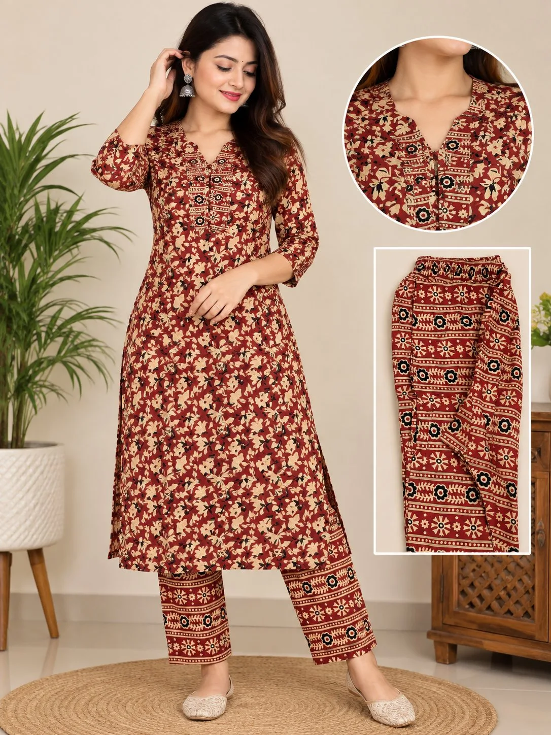 Women’s Printed Kurta Pant Set – Paisley Print 3/4 Sleeve Ethnic Wear — photo 3