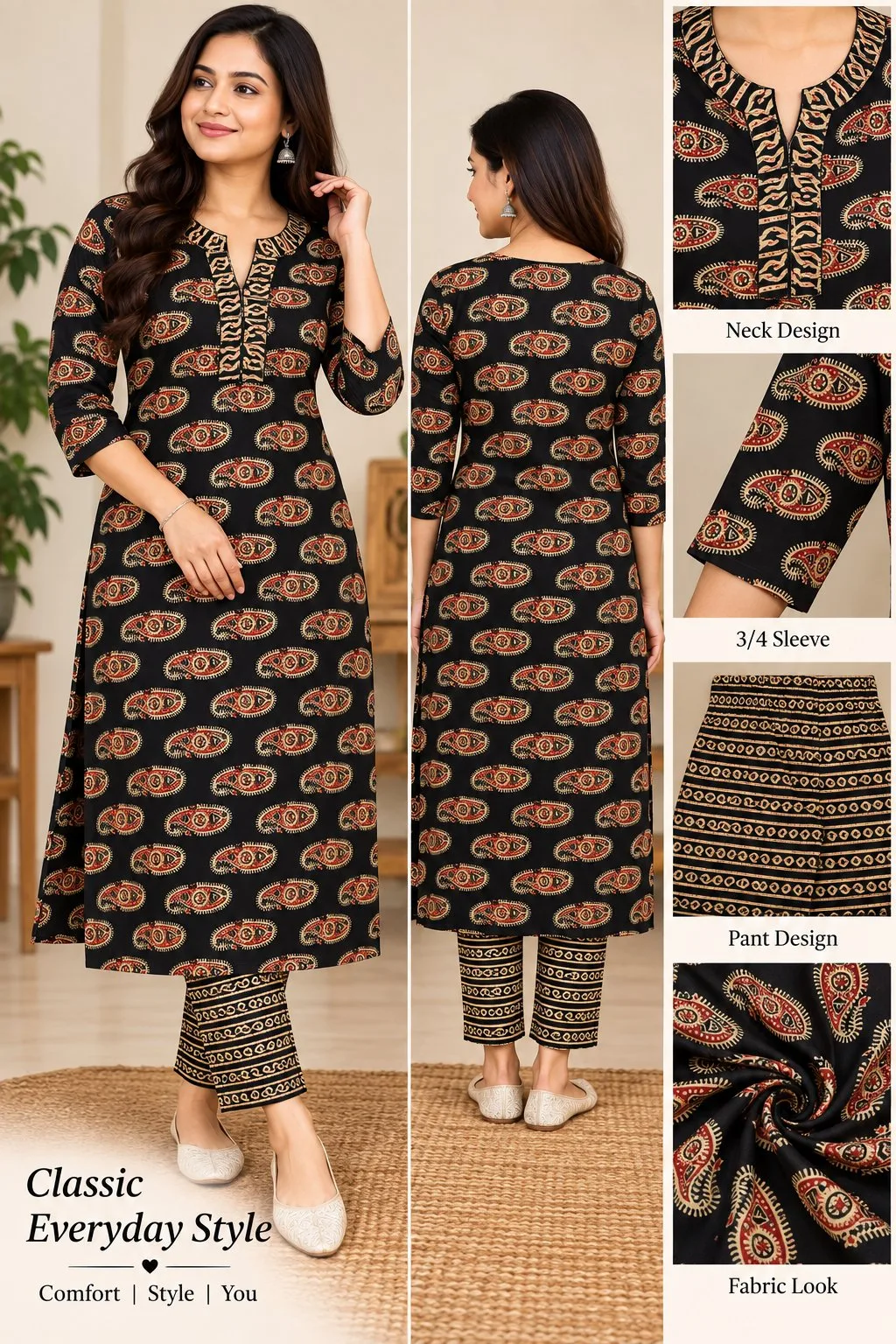 Women’s Printed Kurta Pant Set – Paisley Print 3/4 Sleeve Ethnic Wear — photo 4